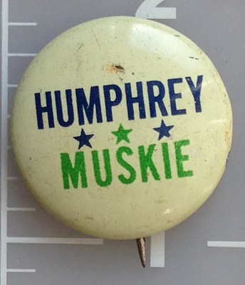 White Humphrey Muskie campaign button campaign button with three green
