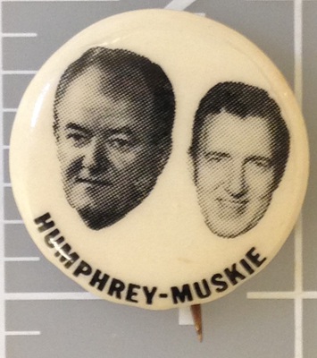 1 inch Humphrey Muskie white campaign button with both face photos